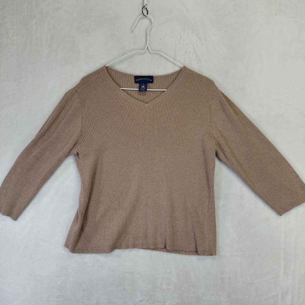 Charter Club Womens Tan Ribbed V-Neck 100% Cotton Sweater Size M Long Sleeve